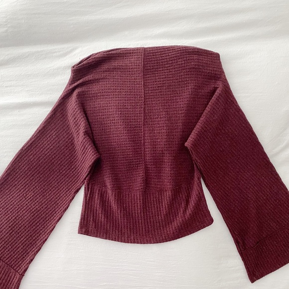 We The Free / Free People Crazy On You Thermal Knit Off Shoulder Sweater in Wine - Picture 10 of 12
